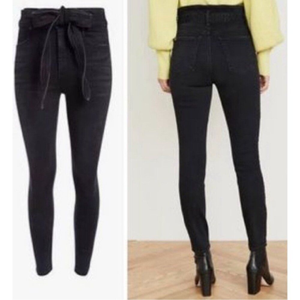 Alice Olivia New Black Noir Good Wrap Waist High Rise Skinny Belted Jeans Denim